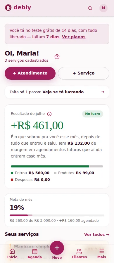 Painel do mês do Debly: resultado de julho de +R$461,00, meta do mês em 19% e a lista de serviços com a margem de cada um